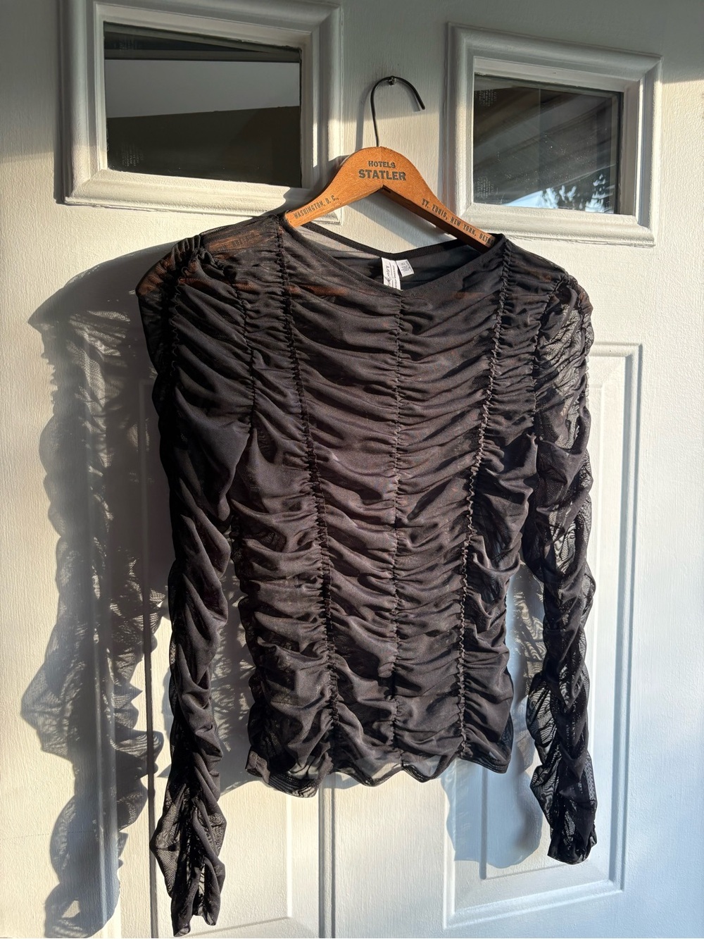 & Other Stories Size 6 Black Sheer Mesh Ruched Stretch Top Long Sleeve Blouse